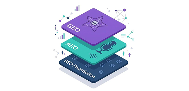 Three layer digital marketing strategy checklist showing SEO foundation, AEO tactics, and GEO strategies for 2026
