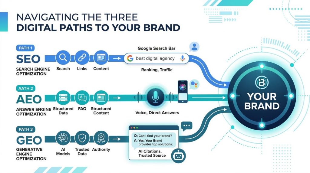 Diagram comparing SEO, AEO, and GEO as three digital marketing channels leading to brand visibility