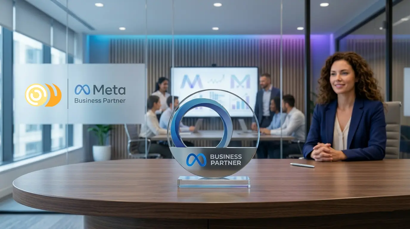 Meta Business Partner badge displayed in a modern office meeting room representing Facebook and Instagram advertising expertise